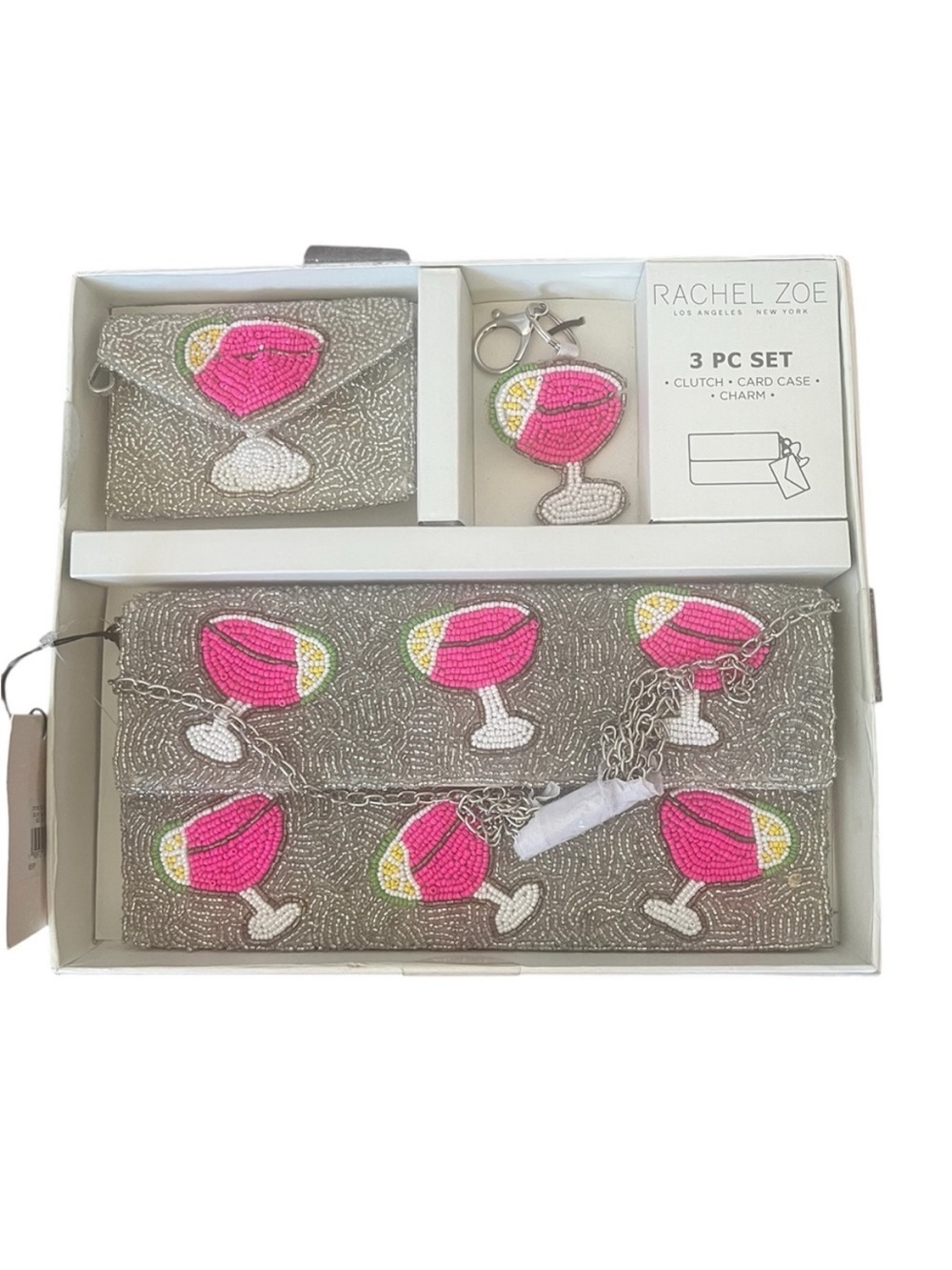 Rachel Zoe Silver Beaded 3-Piece Clutch Set with Pink Cocktail Motif